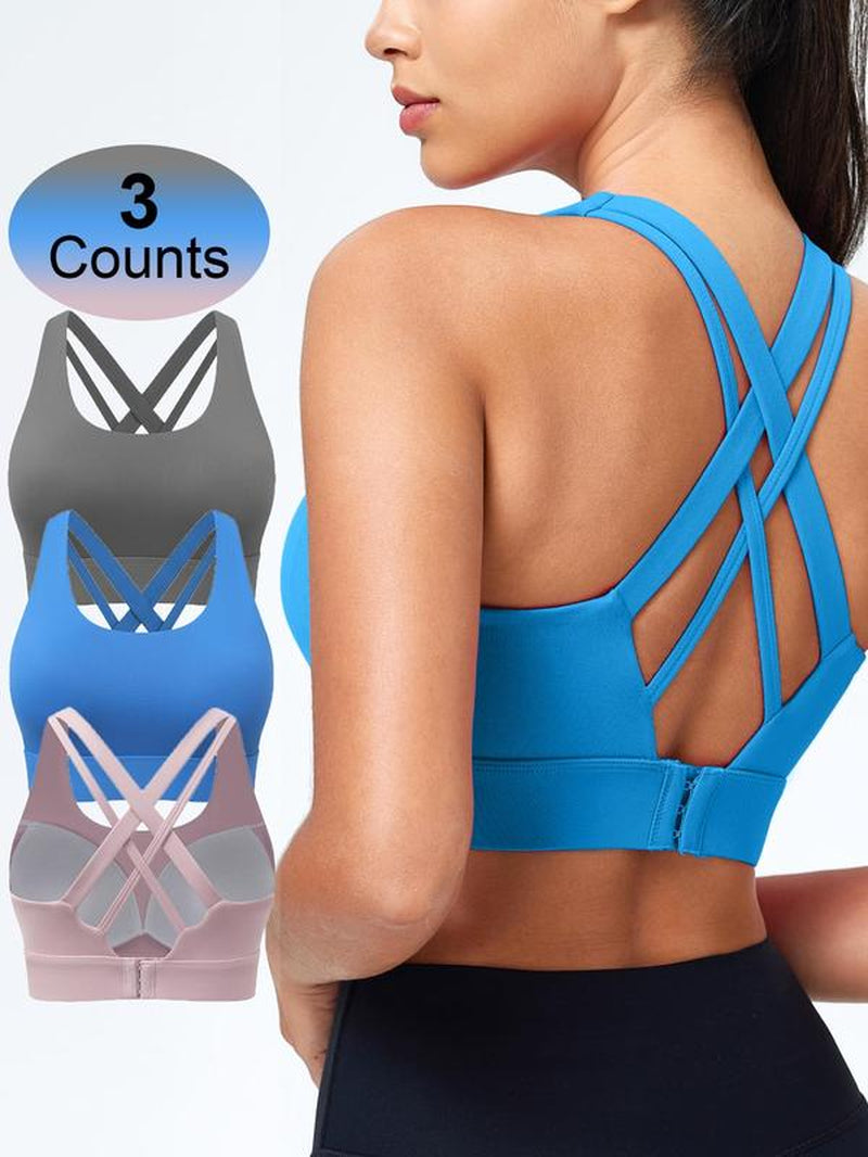 Women'S Solid Criss Cross Back Sports Bra, Breathable Comfortable Adjustable Hook & Eye Closure Bra, Soft Non-Removable Moulded Cups, High Impact Running Workout Bras for Women, Gym Clothing, Exercise Activewear, Gymclothes