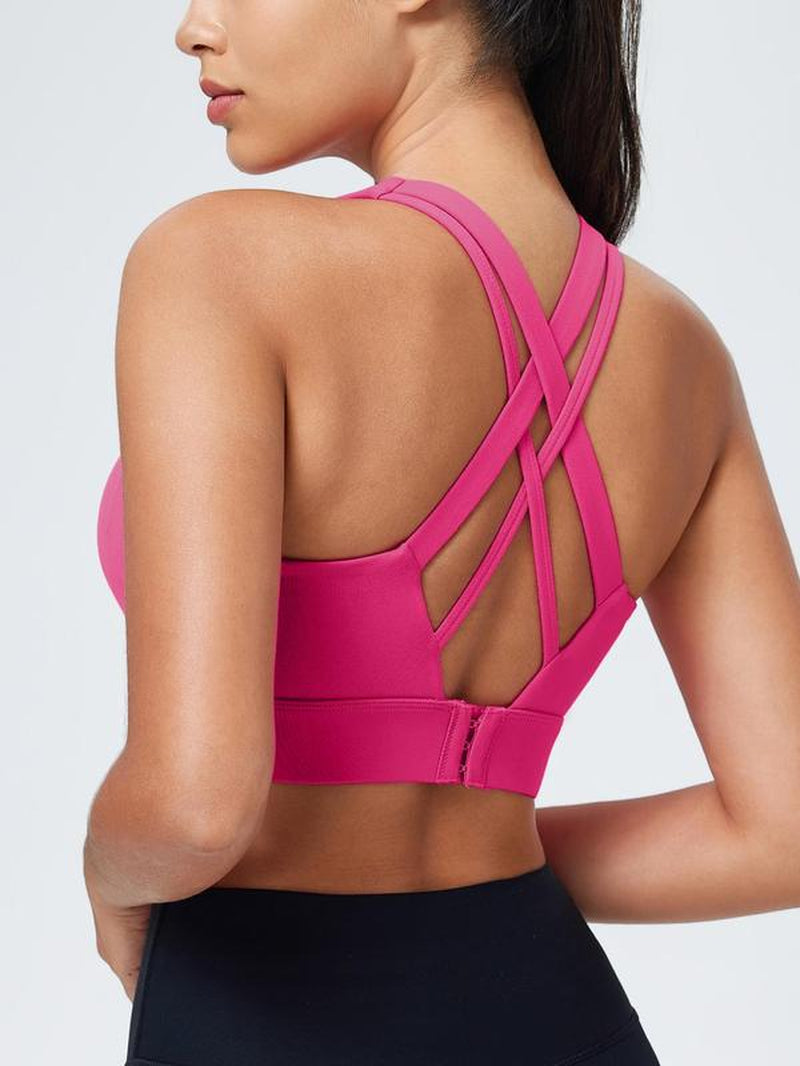 Women'S Solid Criss Cross Back Sports Bra, Breathable Comfortable Adjustable Hook & Eye Closure Bra, Soft Non-Removable Moulded Cups, High Impact Running Workout Bras for Women, Gym Clothing, Exercise Activewear, Gymclothes