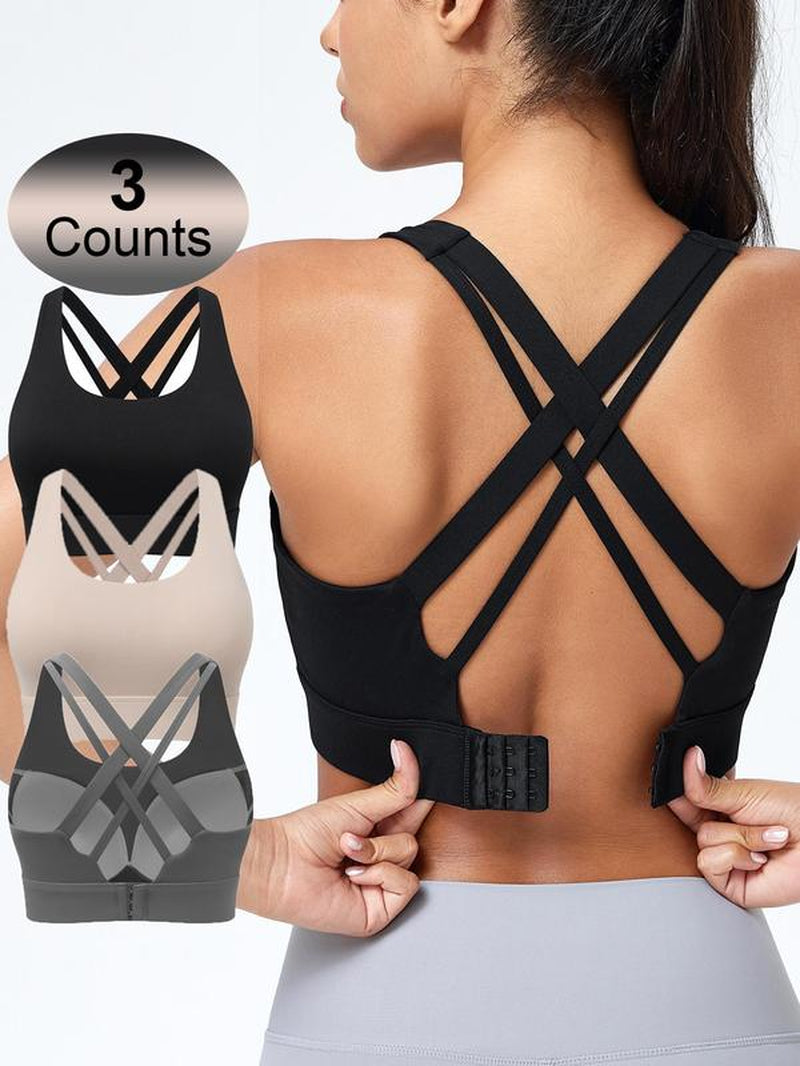 Women'S Solid Criss Cross Back Sports Bra, Breathable Comfortable Adjustable Hook & Eye Closure Bra, Soft Non-Removable Moulded Cups, High Impact Running Workout Bras for Women, Gym Clothing, Exercise Activewear, Gymclothes
