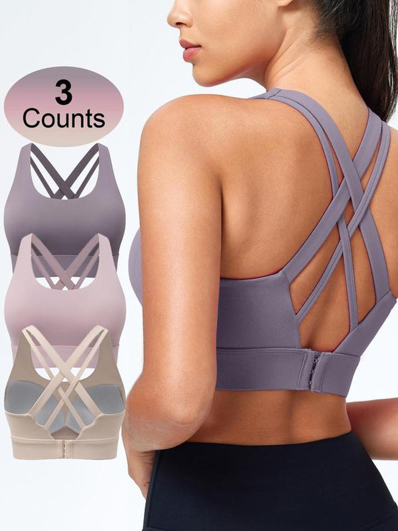 Women'S Solid Criss Cross Back Sports Bra, Breathable Comfortable Adjustable Hook & Eye Closure Bra, Soft Non-Removable Moulded Cups, High Impact Running Workout Bras for Women, Gym Clothing, Exercise Activewear, Gymclothes