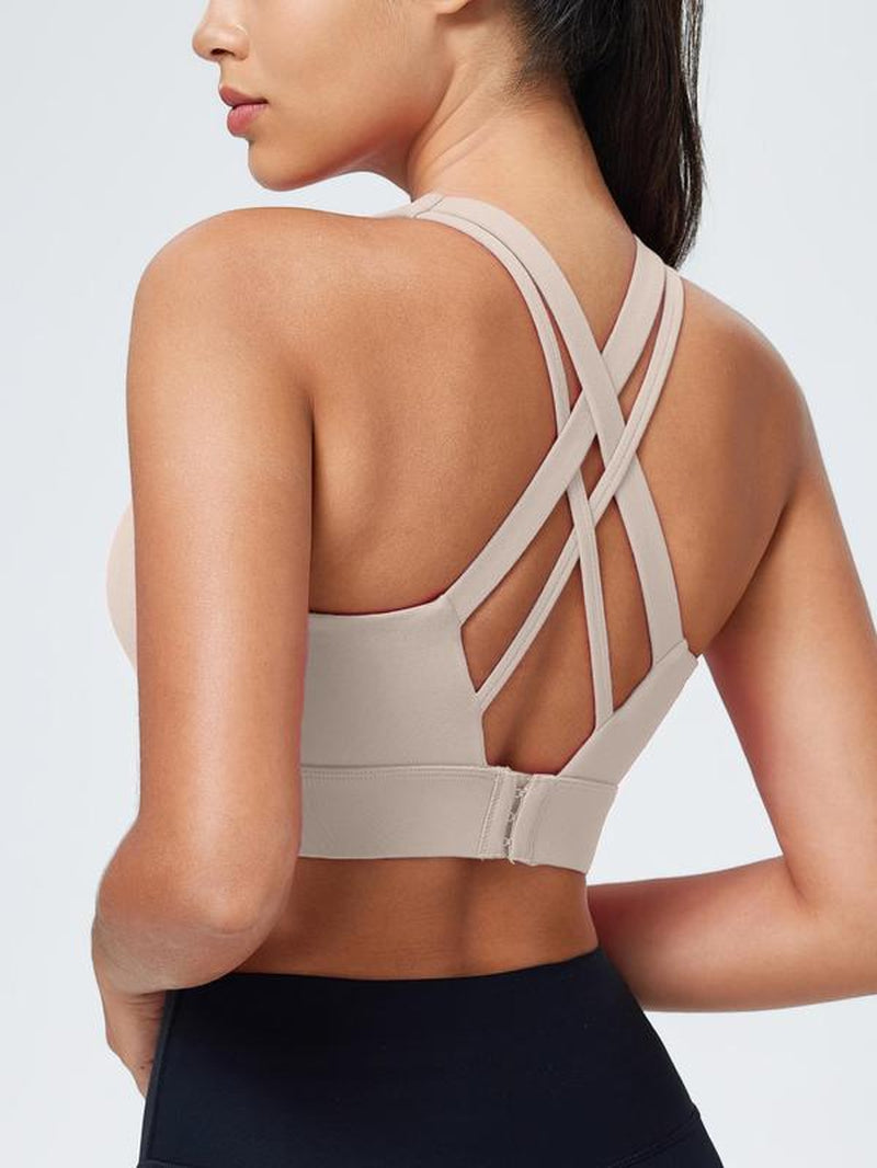 Women'S Solid Criss Cross Back Sports Bra, Breathable Comfortable Adjustable Hook & Eye Closure Bra, Soft Non-Removable Moulded Cups, High Impact Running Workout Bras for Women, Gym Clothing, Exercise Activewear, Gymclothes