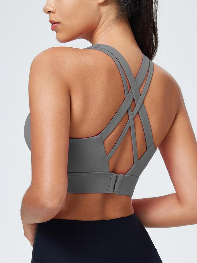 Women'S Solid Criss Cross Back Sports Bra, Breathable Comfortable Adjustable Hook & Eye Closure Bra, Soft Non-Removable Moulded Cups, High Impact Running Workout Bras for Women, Gym Clothing, Exercise Activewear, Gymclothes
