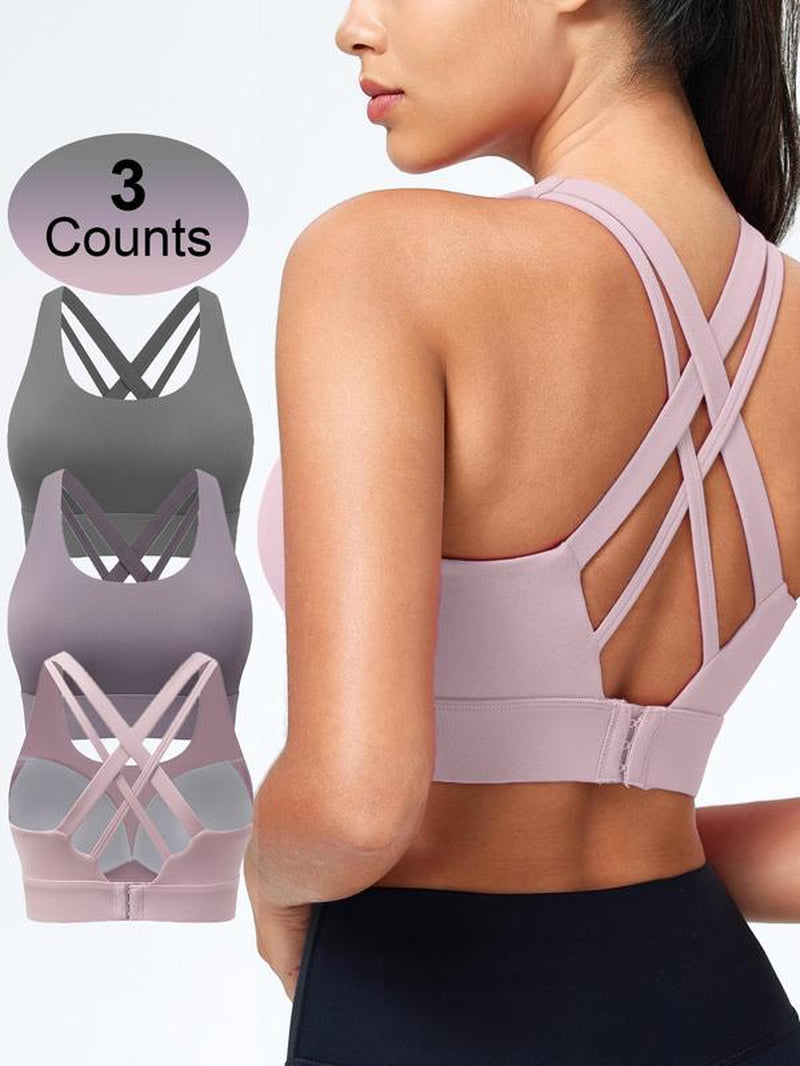 Women'S Solid Criss Cross Back Sports Bra, Breathable Comfortable Adjustable Hook & Eye Closure Bra, Soft Non-Removable Moulded Cups, High Impact Running Workout Bras for Women, Gym Clothing, Exercise Activewear, Gymclothes