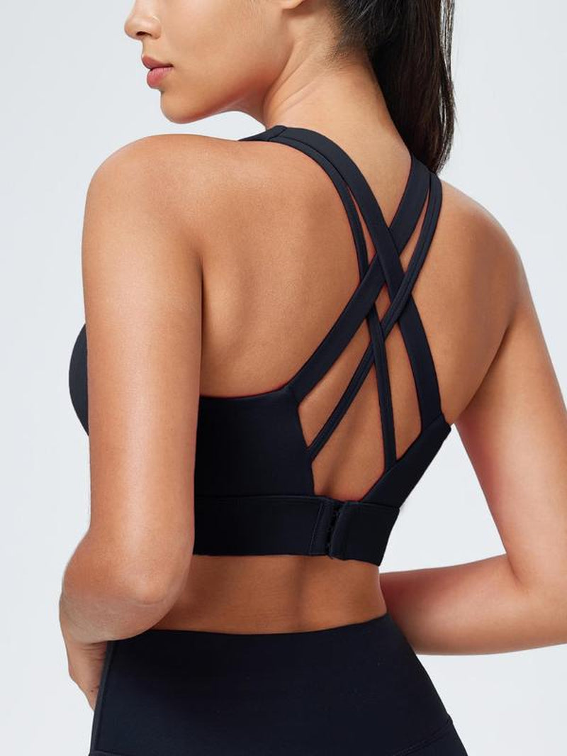 Women'S Solid Criss Cross Back Sports Bra, Breathable Comfortable Adjustable Hook & Eye Closure Bra, Soft Non-Removable Moulded Cups, High Impact Running Workout Bras for Women, Gym Clothing, Exercise Activewear, Gymclothes