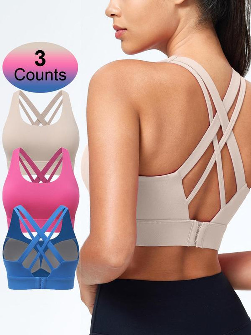 Women'S Solid Criss Cross Back Sports Bra, Breathable Comfortable Adjustable Hook & Eye Closure Bra, Soft Non-Removable Moulded Cups, High Impact Running Workout Bras for Women, Gym Clothing, Exercise Activewear, Gymclothes