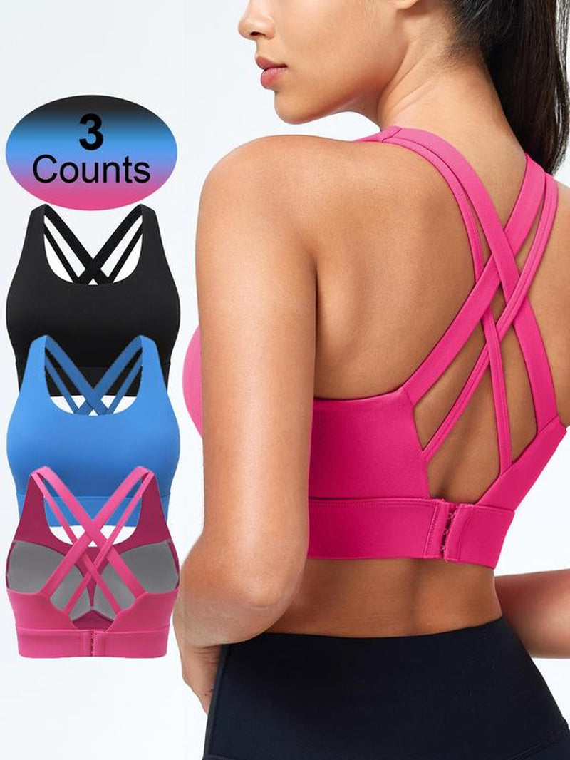Women'S Solid Criss Cross Back Sports Bra, Breathable Comfortable Adjustable Hook & Eye Closure Bra, Soft Non-Removable Moulded Cups, High Impact Running Workout Bras for Women, Gym Clothing, Exercise Activewear, Gymclothes