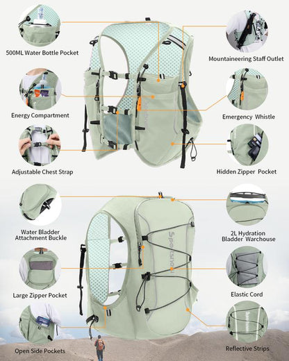 Sportsnew Running Vest for Women Men, Lightweight 10L Hydration Backpack with Waterproof Phone Pocket, 2L Water Bladder or 500Ml Soft Flasks, Breathable Pack for Hiking Trail Running Cycling Marathon