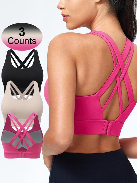 Women'S Solid Criss Cross Back Sports Bra, Breathable Comfortable Adjustable Hook & Eye Closure Bra, Soft Non-Removable Moulded Cups, High Impact Running Workout Bras for Women, Gym Clothing, Exercise Activewear, Gymclothes
